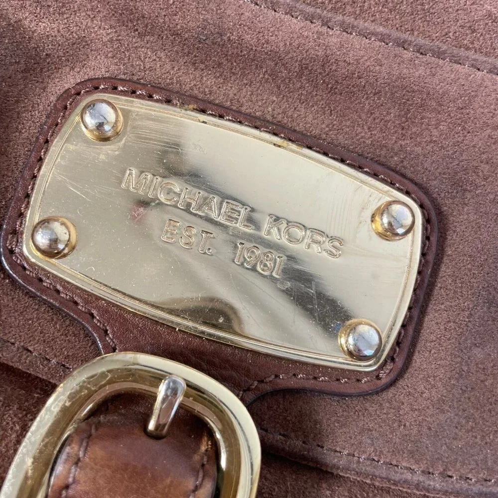 Michael Kors Hudson Downtown Suede‎ Hobo Bag Purse Brown Lined Gold Buckle